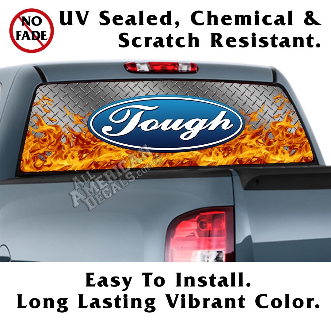 Ford Tough Diamond Plate & Flames Back Window Graphic