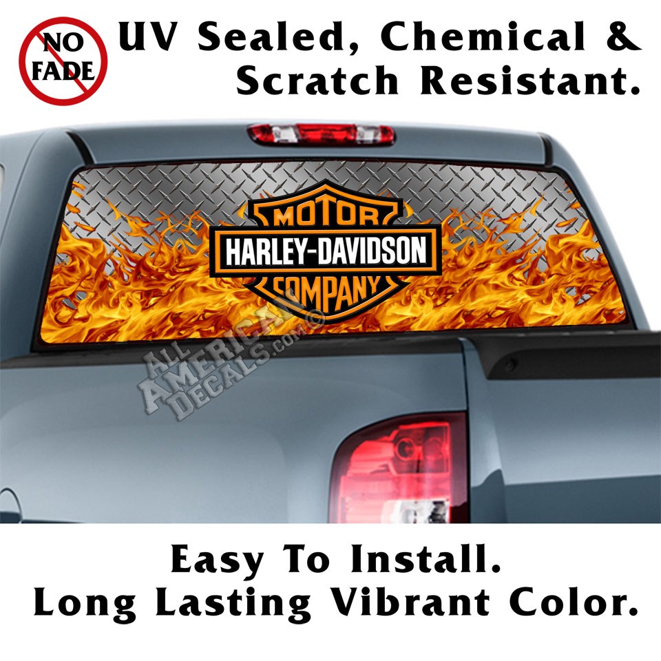 Harley Davidson Diamond Plate & Flames Back Window Graphic