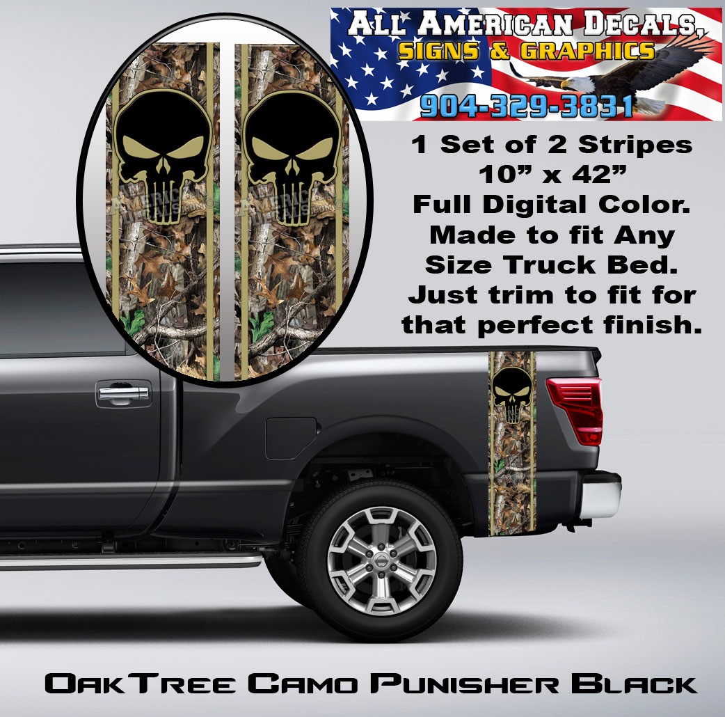 Real Tree Oak Camo Black Punisher Truck Bed Band Stripe Decal Kit