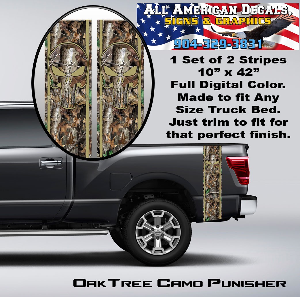 Real Tree Oak Camo Punisher Truck Bed Band Stripe Decal Kit