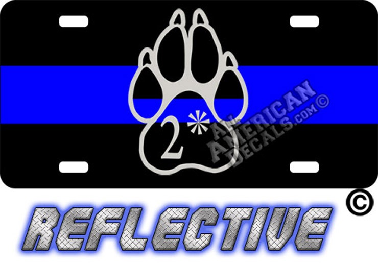 Thin Blue Line 2* Paw Straight Line Reflective Metal License Plate