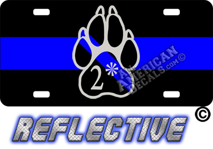 Thin Blue Line 2* Paw Tilted Line Reflective Metal License Plate