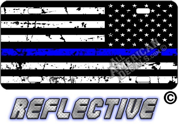 Thin Blue Line Distressed Tactical Flag Reverse Facing Metal License Plate