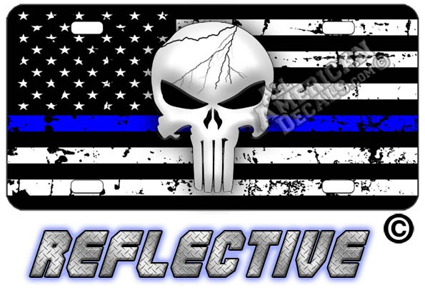 Punisher Thin Blue Line Distressed Tactical Flag Forward Facing Reflective Metal License Plate