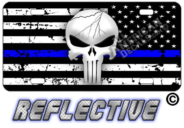 Punisher Thin Blue Line Distressed Tactical Flag Reverse Facing Metal License Plate.