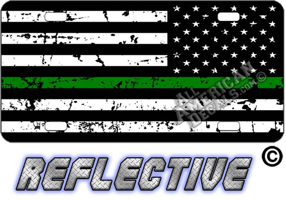 Thin Green Line Distressed Tactical Flag Reverse Facing Reflective Metal License Plate