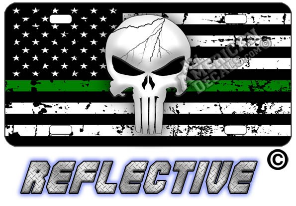 Punisher Thin Green Line Distressed Tactical Flag Forward Facing Reflective Metal License Plate