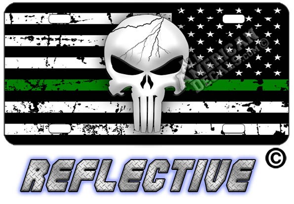 Punisher Thin Green Line Distressed Tactical Flag Reverse Facing Reflective Metal License Plate