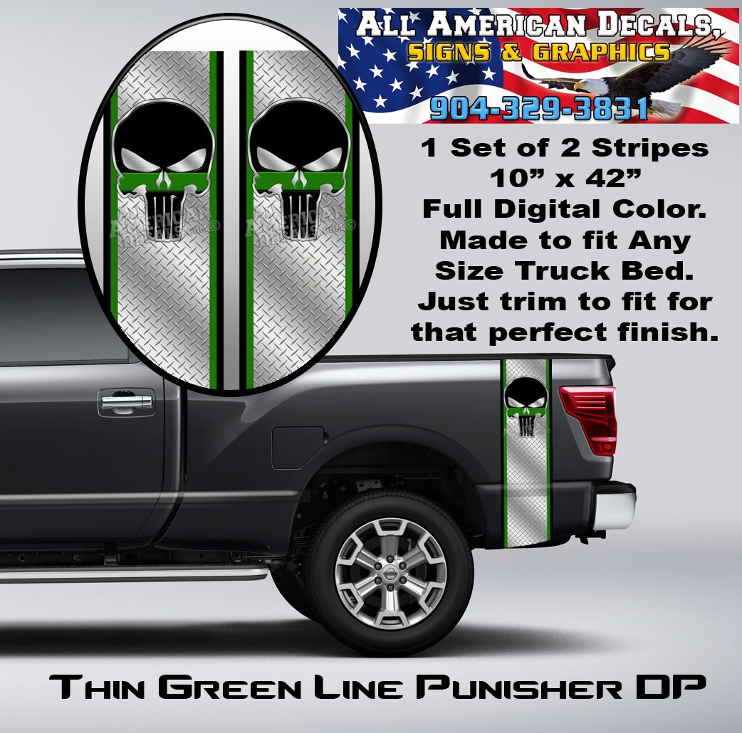 Thin Green Line Punisher Diamond Plate Truck Bed Band Stripe Decal Kit