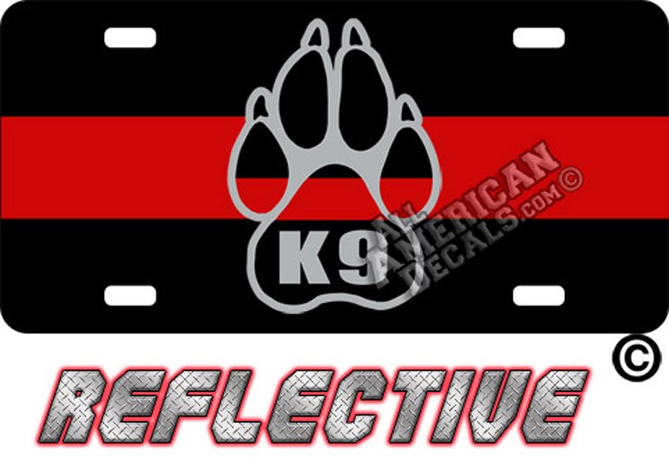 Thin Red Line "K9" Paw Reflective Metal License Plate