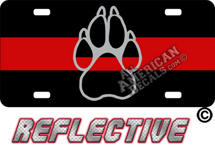 Thin Red Line Paw Reflective Metal License Plate