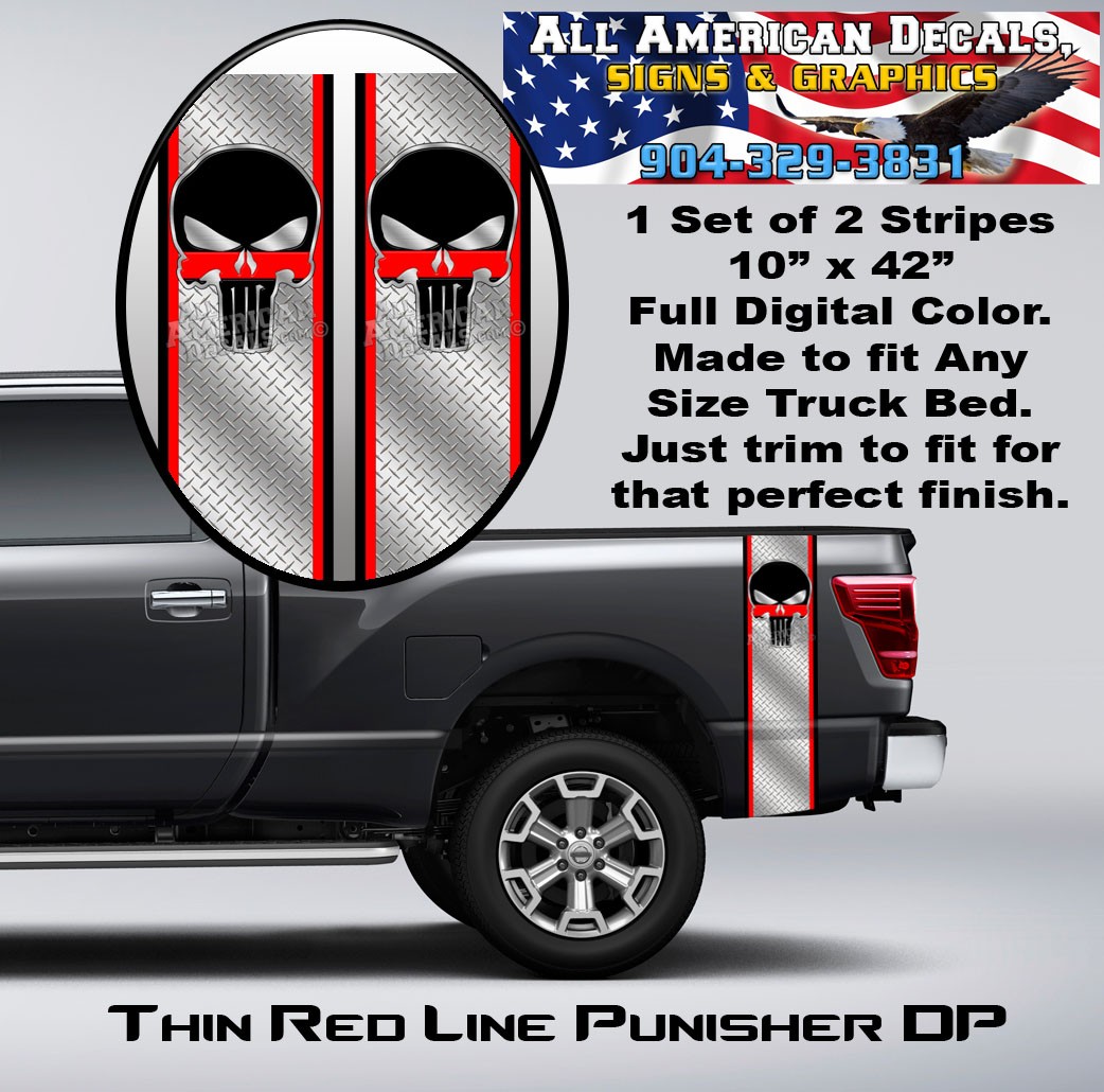 Thin Red Line Punisher Diamond Plate Truck Bed Band Stripe Decal Kit