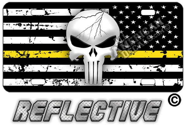 Punisher Thin Yellow Line Distressed Tactical Flag Reverse Facing License Plate