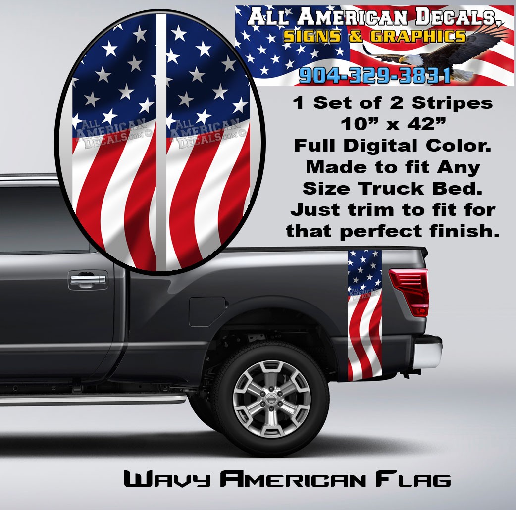 Wavy American Flag Truck Bed Band Stripe Decal Kit